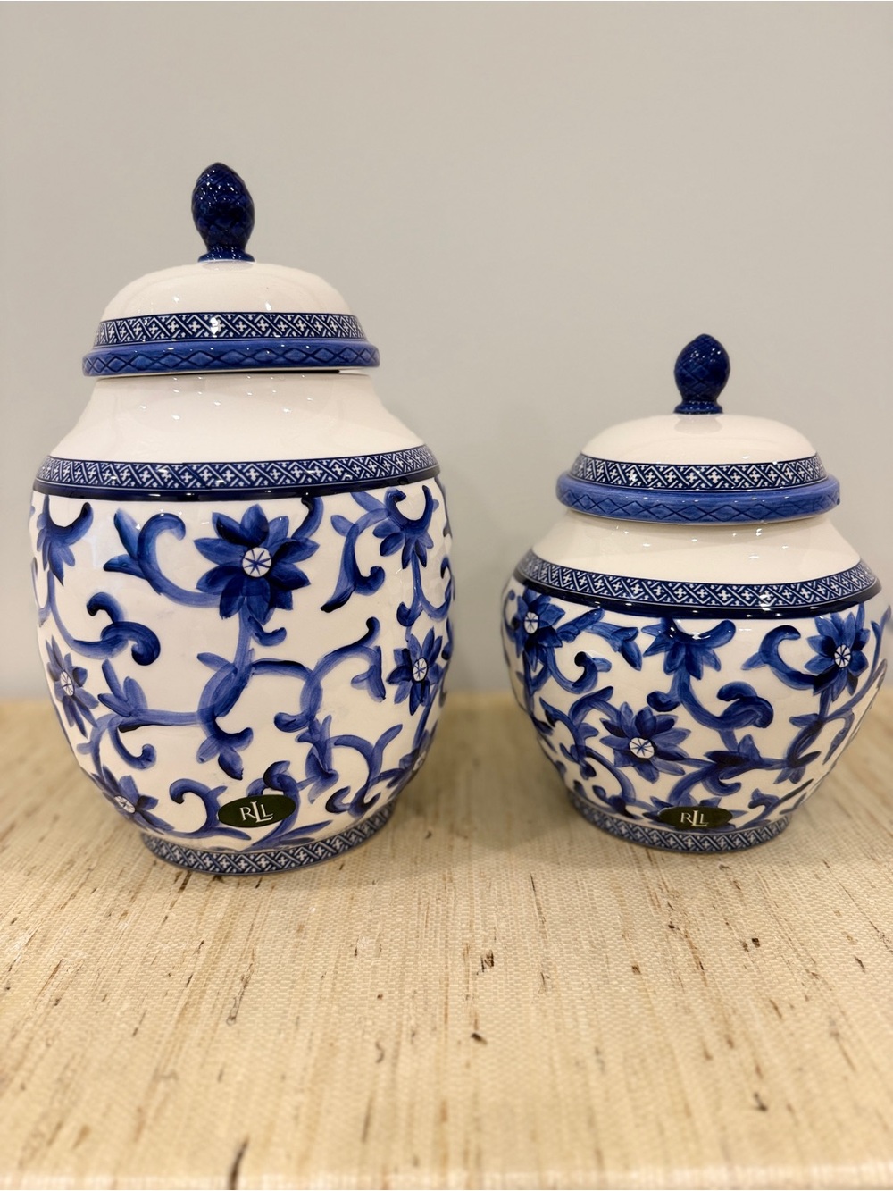 Set of 2 Ralph Lauren Mandarin Blue Ginger ceramic jars large and medium